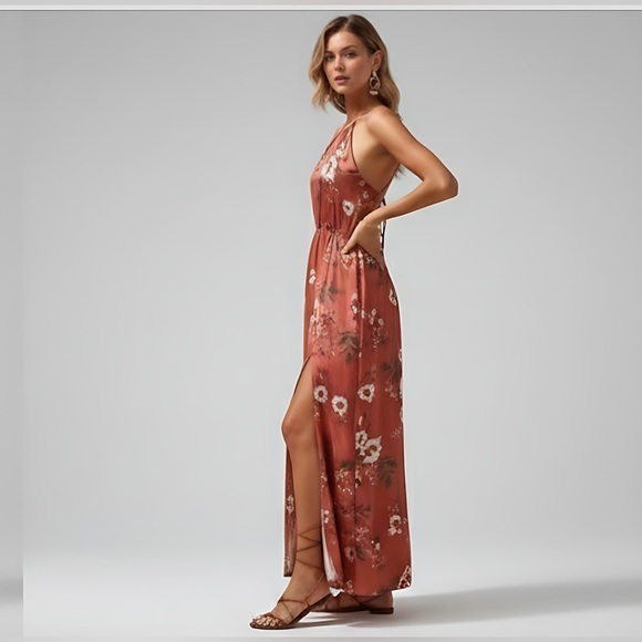 Redwood Floral Print Crisscross Backless Split Thigh Halter Dress - Picture 2 of 6